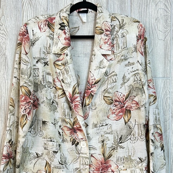 Vintage 90’s Floral Print Neutral Flax Blend Women's Blazer Size Large - Picture 2 of 13
